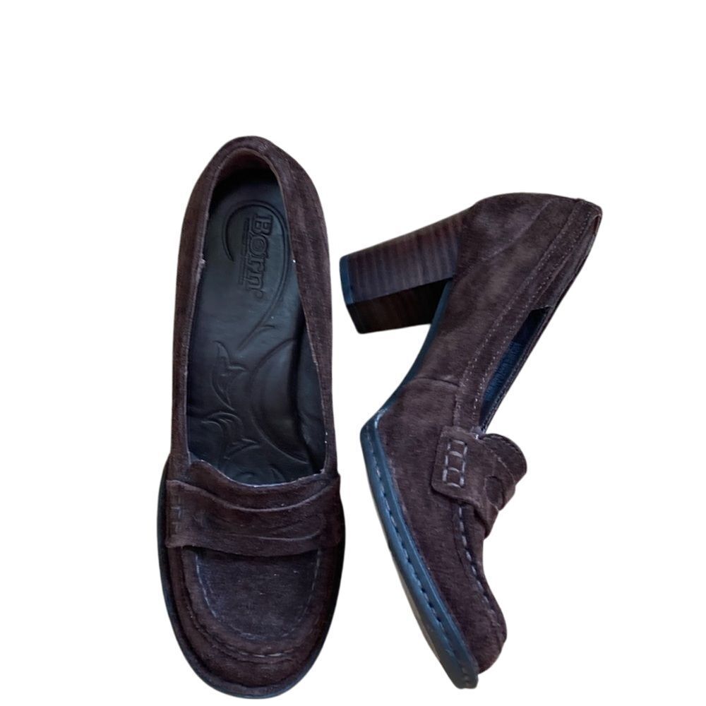 Born Womens Brown Suede Chunky High Heel Round Toe Size 6 Comfort Classic‎